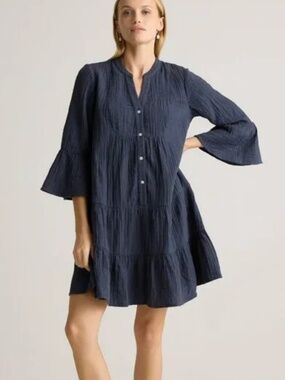 100% Organic Cotton Cotton Gauze Long Sleeve Tiered Mini Dress in Indigo Blue